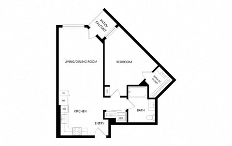 Floor plan for 1 bed, 1 bath, 729 sqft